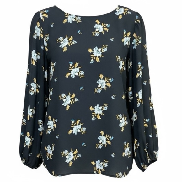 Loft Women's Size L Blouse Top Long Sleeve Blue Floral Polyester Crew Neck - Picture 1 of 11